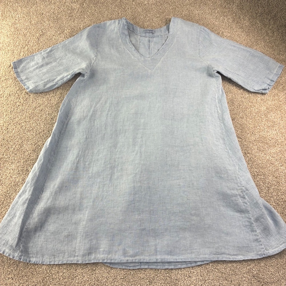 Colette‎ Italy 100% Linen V-Neck Tunic Dress Blue Short Sleeve Boho Beach Lounge - Picture 3 of 8